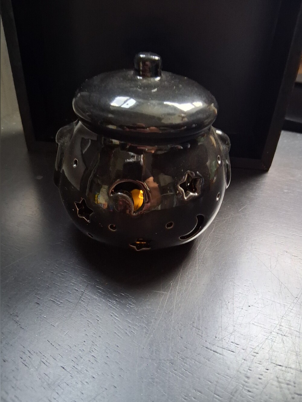 Ceramic Moon & Stars Votive Candle Holder - Black , Cauldron Led